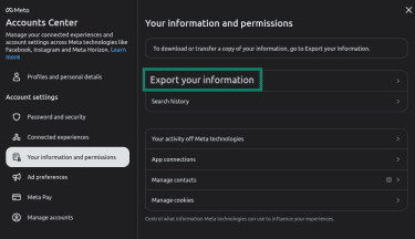 "Export your information" option highlighted in the Meta Accounts Center.