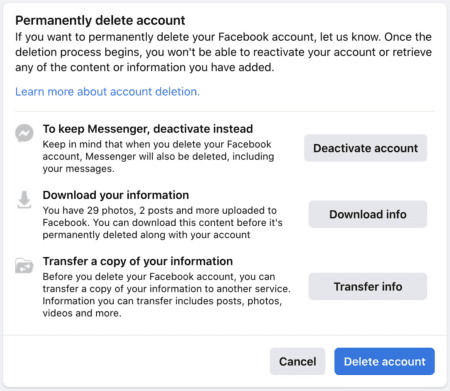 Pagina di eliminazione dell