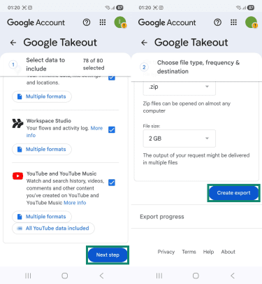 Two Android screenshots side by side, showing the "Google Takeout" pages. The "Next step" and "Create export" buttons are highlighted.
