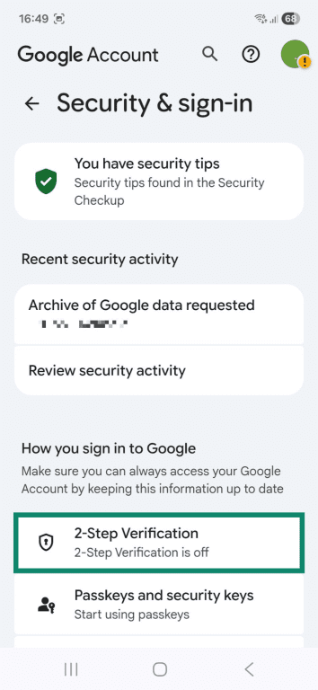 The "Security & sign-in" section in the "Google Account" page on an Android phone. The "2-Step Verification" option is highlighted.