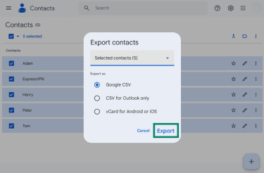 Export option in Export Contacts of Google Contacts.
