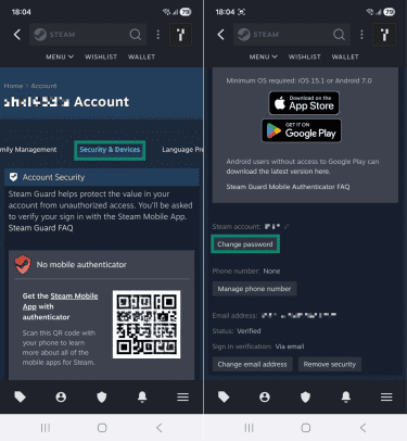 Two Android screenshots side by side. The first image shows the account settings page on the Steam mobile app, and the "Security & Devices" tab is highlighted. The second image shows the "Security & Devices" tab, and the "Change password" button is highlighted.