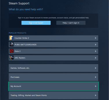 The main Steam support page. The "My Account" button is highlighted.