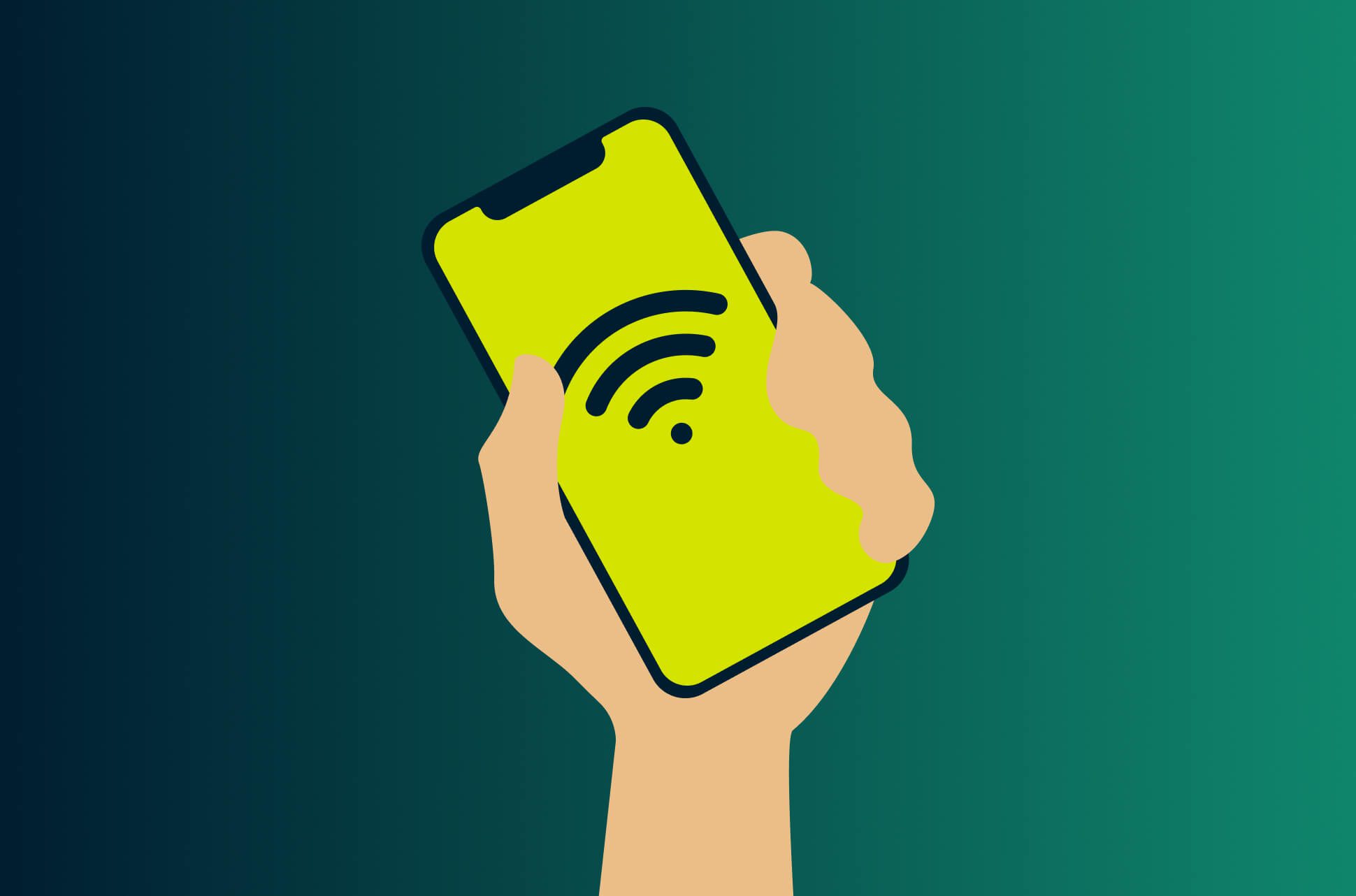 Hand holding a phone with a Wi-Fi symbol.