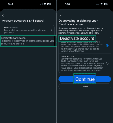Option to deactivate Facebook account in settings.