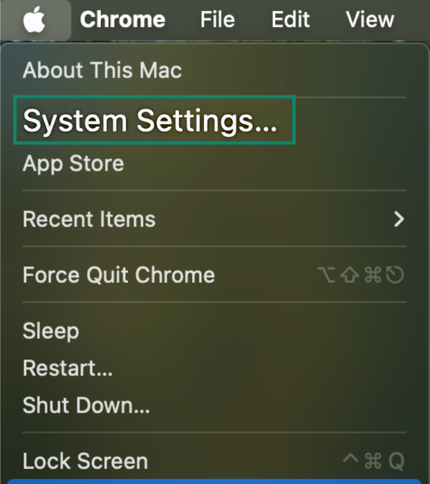 Apple dropdown menu with System Settings highlighted
