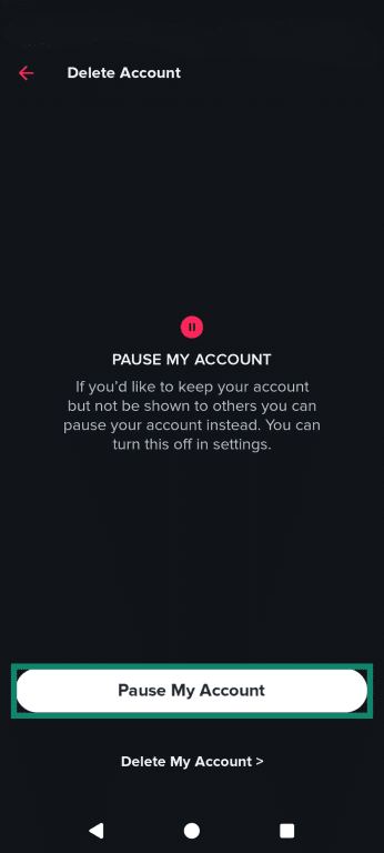 The Tinder account deletion page, with the Pause My Account option outlined.
