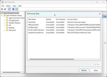 Windows Task Scheduler displaying all running tasks.