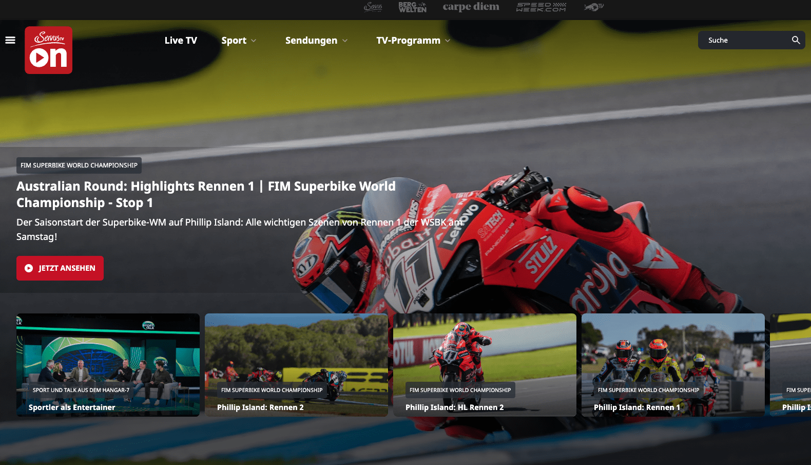 Screenshot of the Superbike World Championship on ServusTV