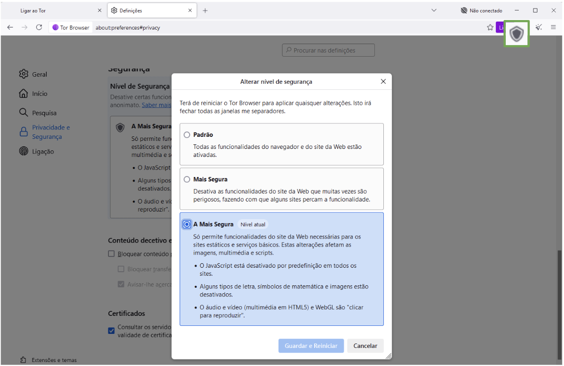 Tor browser Privacy & Security settings window with the Safest security level highlighted.