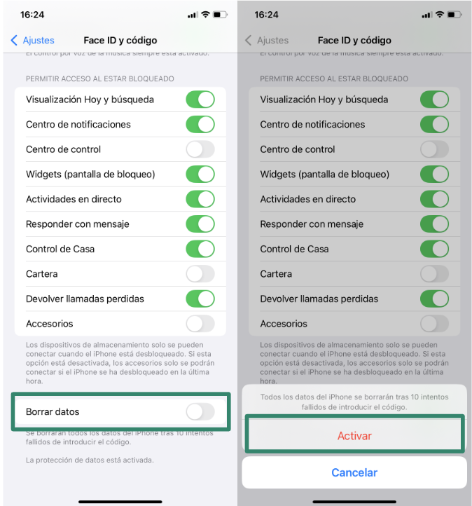 iPhone Face ID & Passcode settings with Erase Data option enabled.
