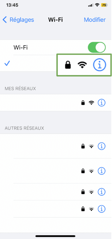 The Wi-Fi settings page of an iOS device, showing the small "i" button next to the active network.