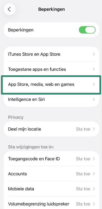 App Store and media restrictions in iPhone parental controls.