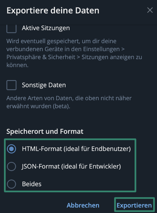 Choosing preferred data format when downloading Telegram data.