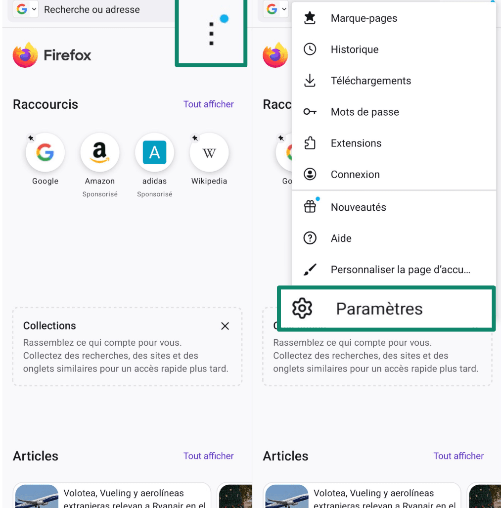 Accessing Firefox settings from the three-dot menu on Android.