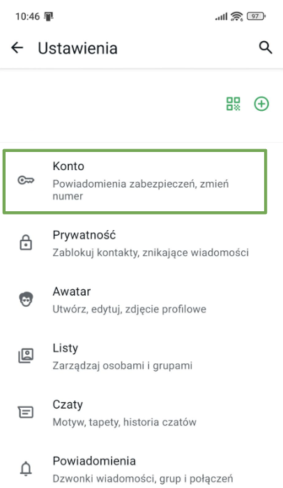 WhatsApp Settings menu highlighting Account.