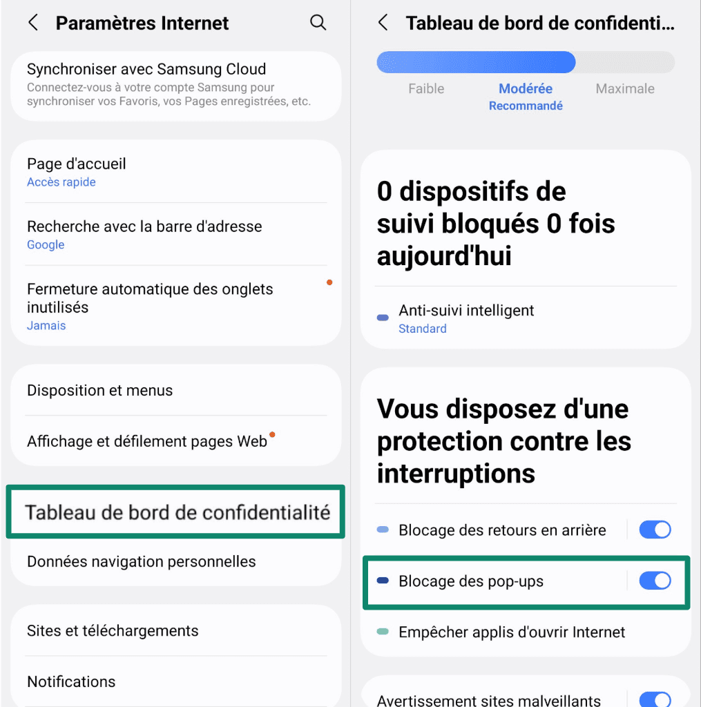 Samsung Internet privacy settings showing "Block pop-ups" enabled.