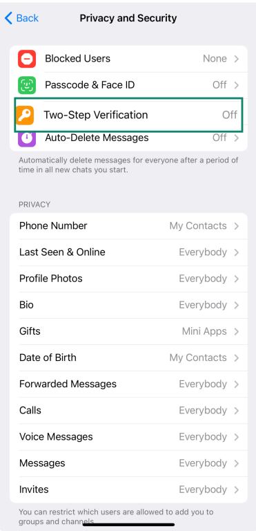 Telegram's Privacy and Security settings highlighting Two-Step Verification.