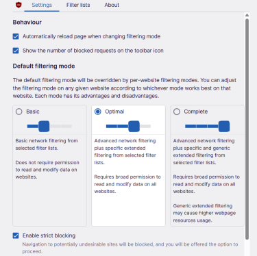 A screenshot of the UBlock Origin Lite dashboard, showing some of its ad blocking and filtering options.