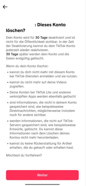 Screenshot showing how to continue with TikTok account deletion on mobile