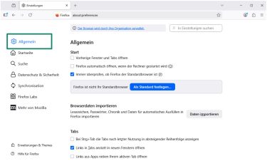 The Firefox Settings menu with General highlighted.
