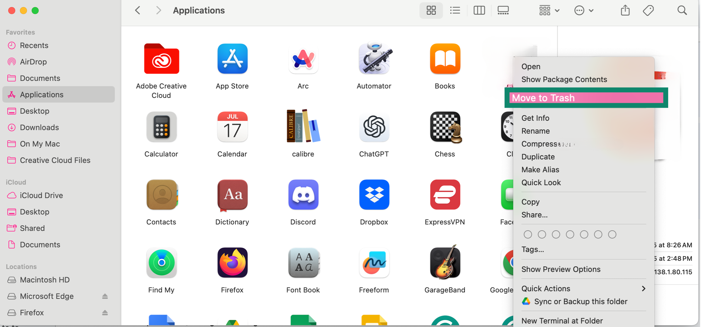 Moving an app to Trash in macOS.