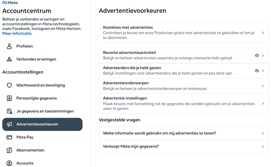 Facebook Ad preferences settings.