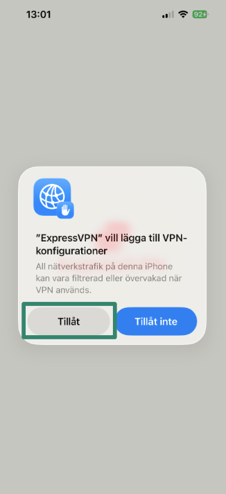 Allowing ExpressVPN to add VPN configurations on iOS.