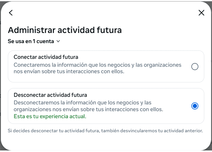Facebook manage future activity settings.
