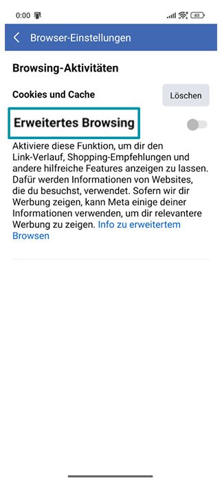Facebook mobile app Browser settings with the Enhanced browsing toggle highlighted.