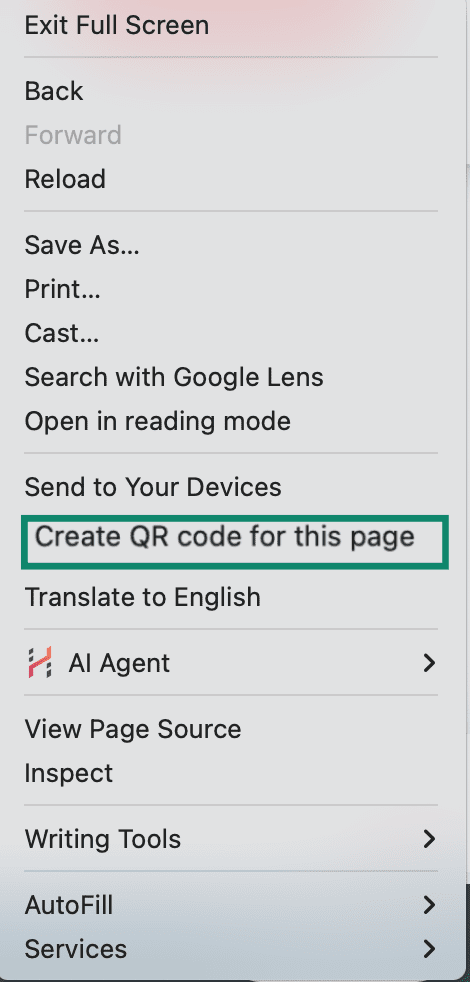 The "Create QR code for this page" option after right-clicking a website on a Mac.