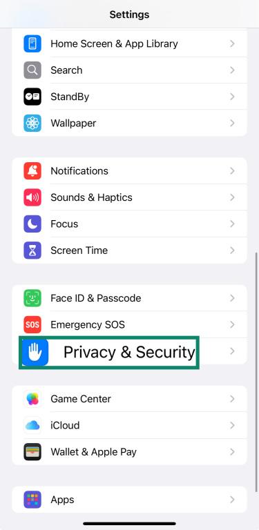 Privacy & Security option in iOS.