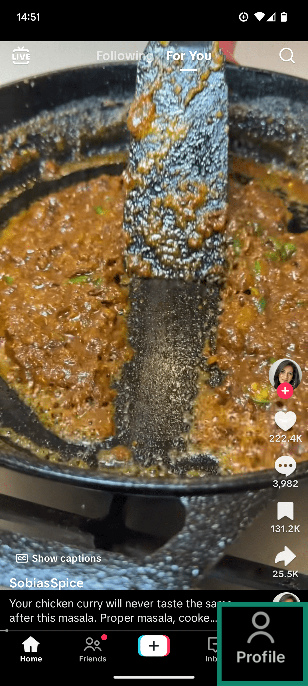 The homepage of the TikTok app, showing the Profile button in the bottom right.