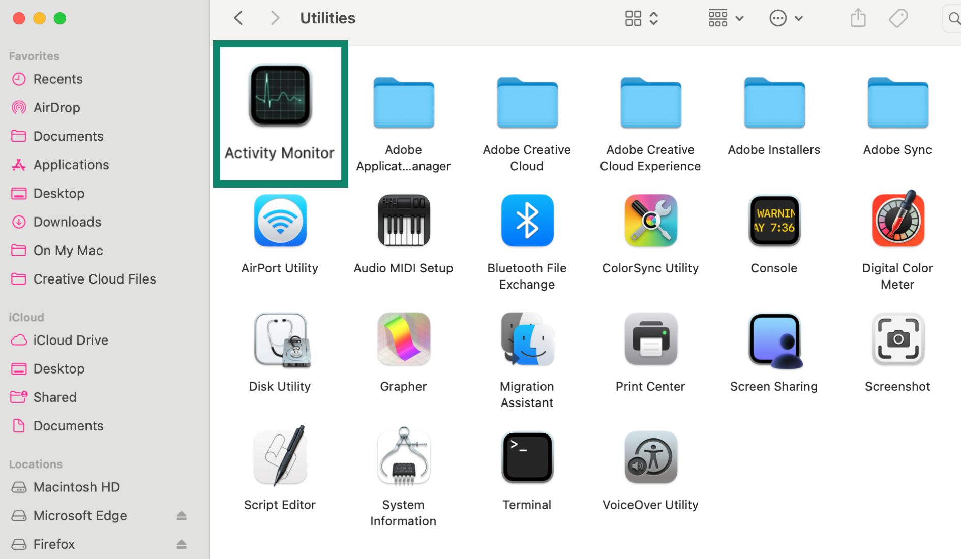 Activity Monitor inside the Utilities folder on a Mac.