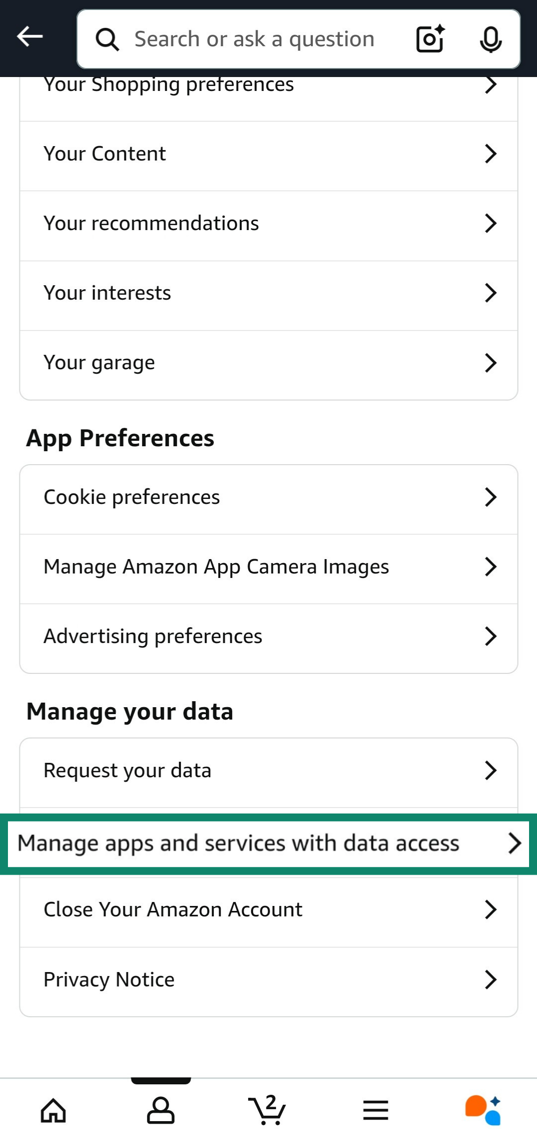 Accessing apps and services with data access menu on Amazon app.