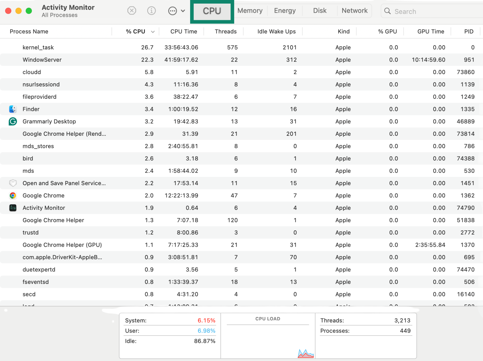 CPU tab selected in Mac Activity Monitor showing running processes.