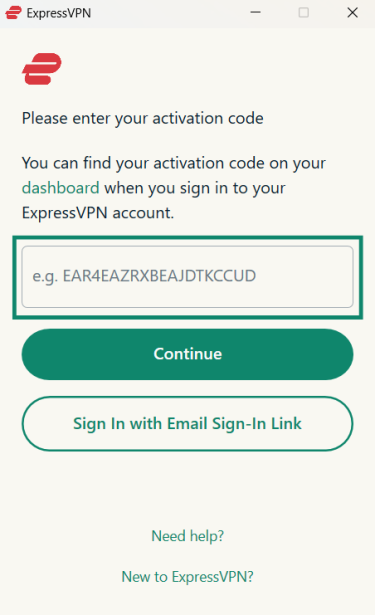 Logging into ExpressVPN on Windows using activation code