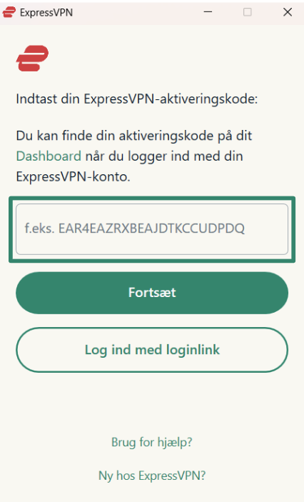Indlogning i ExpressVPN på Windows ved brug af aktiveringskode.