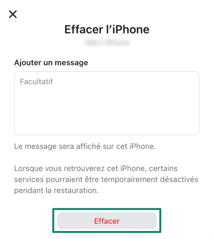 A confirmation prompt asking to ‘Erase this iPhone?’, warning that all content will be permanently deleted and the device will no longer be trackable.