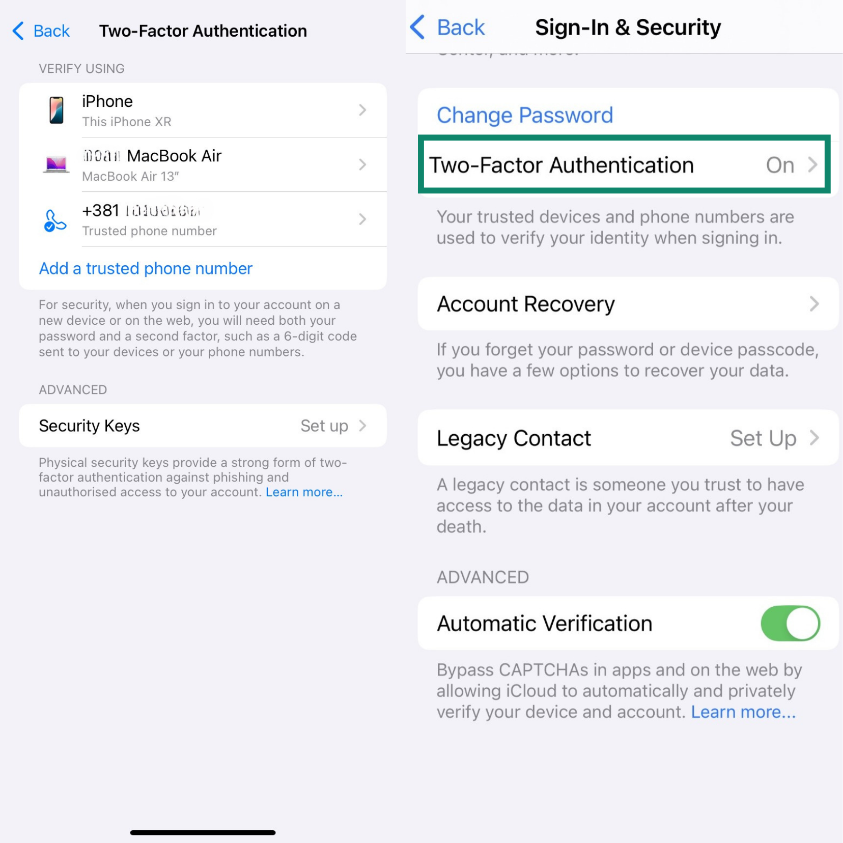 Two side-by-side Two-Factor Authentication screens for an Apple ID, showing that the feature is turned on and listing the trusted devices used for verification.