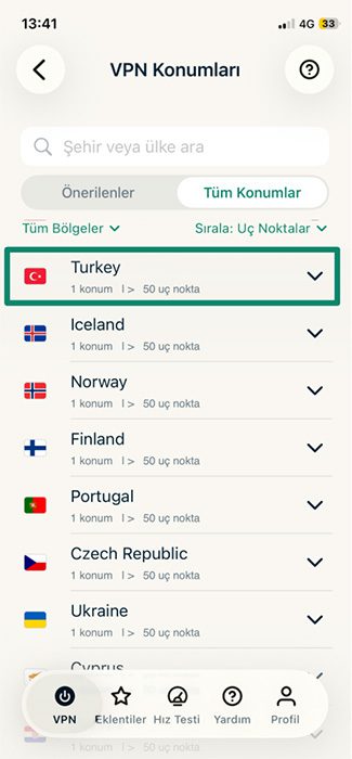 ExpressVPN's server select menu.