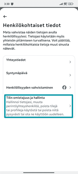 Facebook Android app Personal details settings with Account ownership and control highlighted.