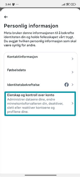 Facebook Android app Personal details settings with Account ownership and control highlighted.