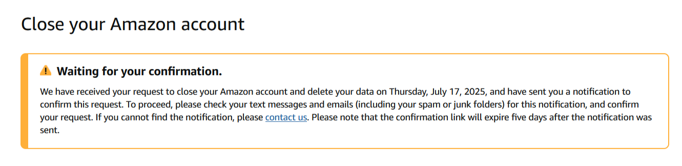 Confirmation email being sent for Amazon account deletion through Amazon for desktop.