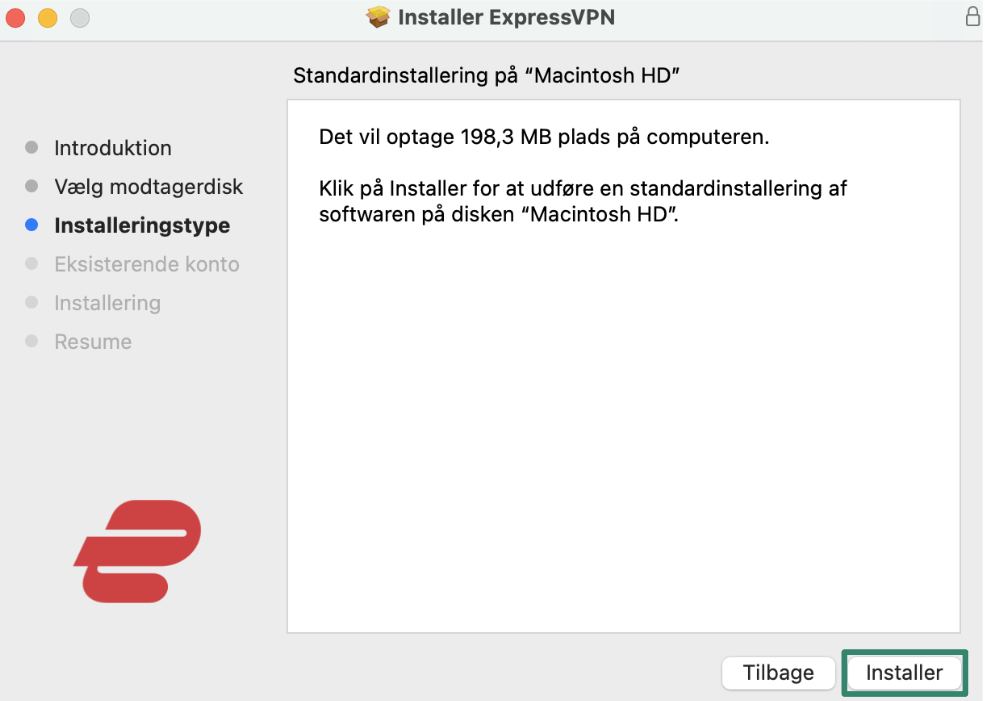 Installation af ExpressVPN på macOS.