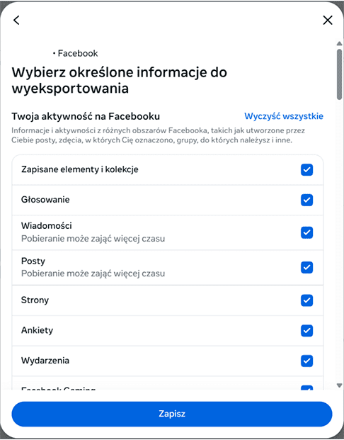 Facebook choosing what activity information to export.