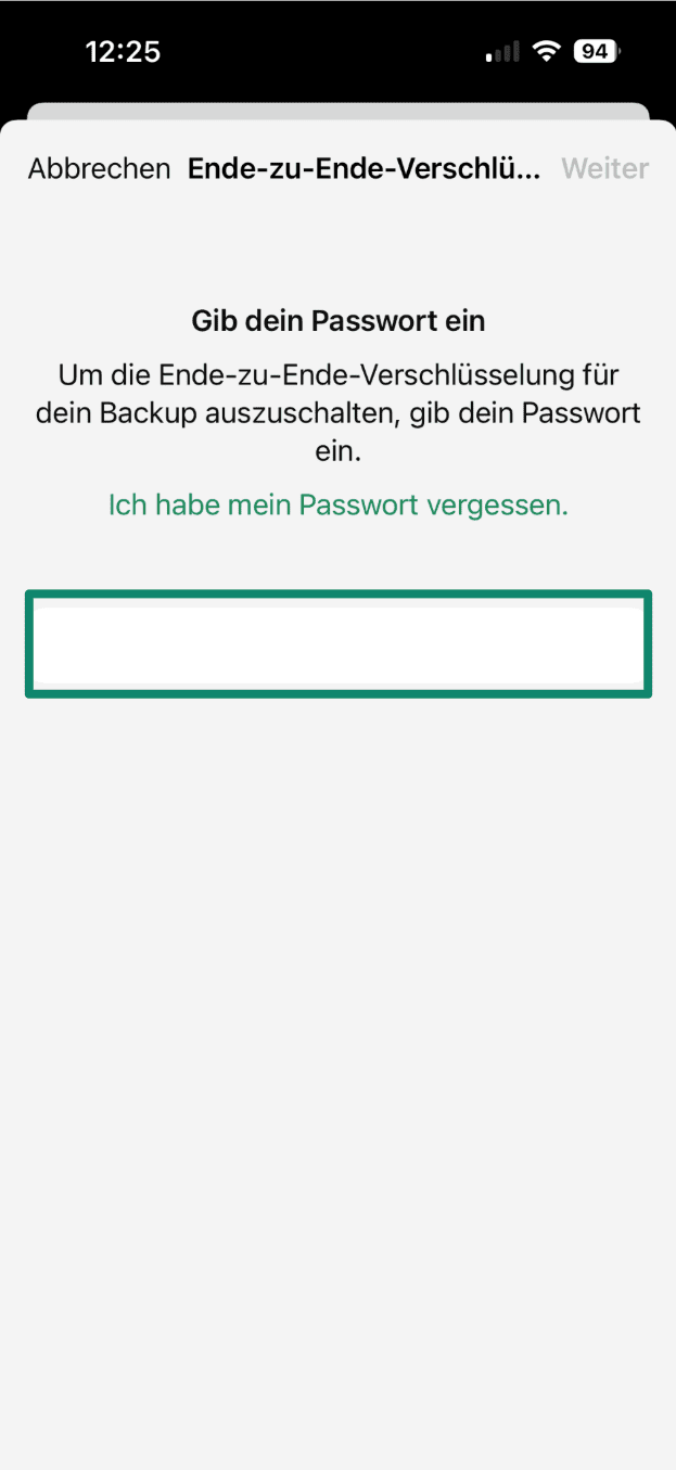 Password entry screen to disable end-to-end encrypted backup on iPhone