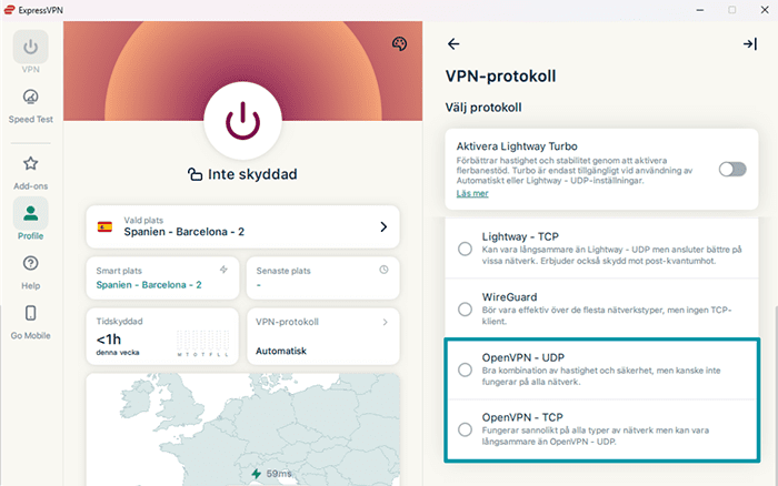 ExpressVPN's protocol list on Windows, highlighting OpenVPN-UDP and OpenVPN-TCP protocols as options.