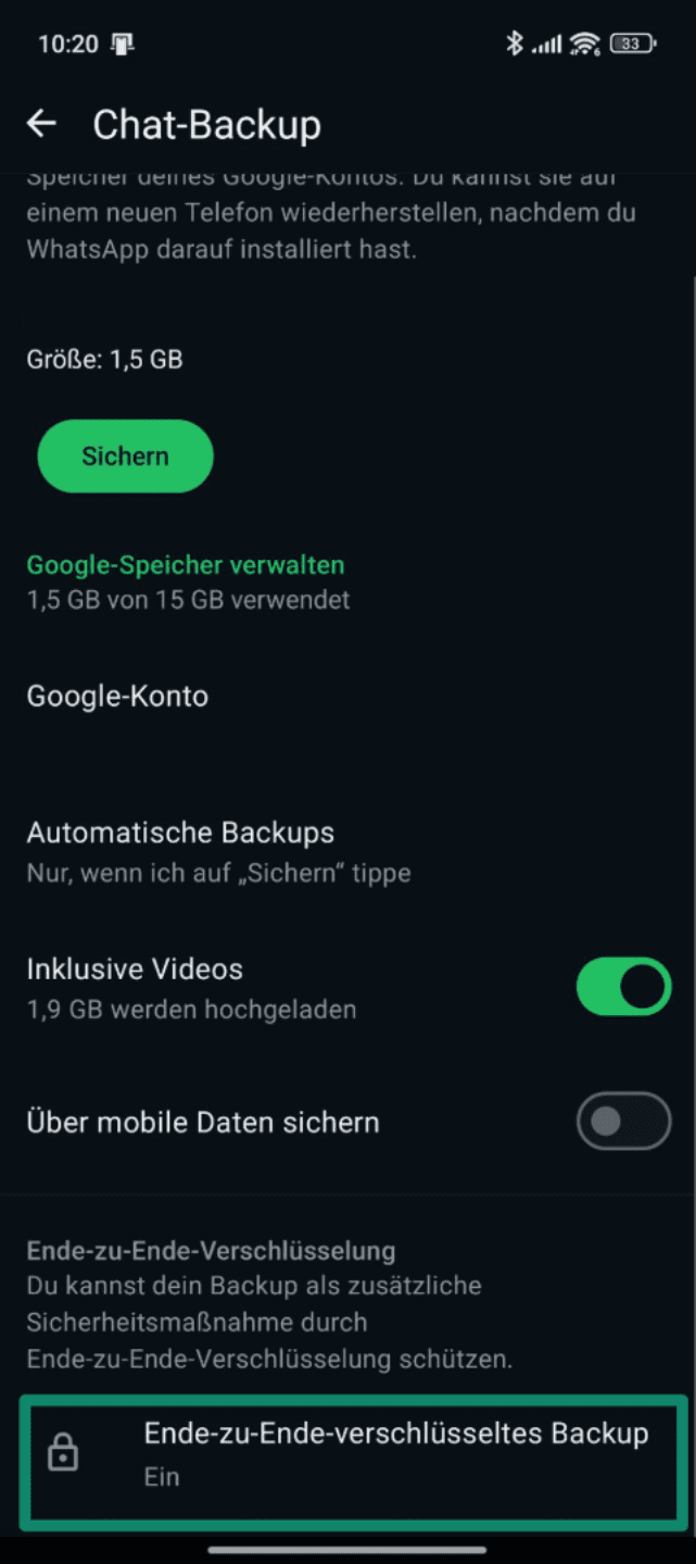 WhatsApp Chat backup screen with encryption option highlighted