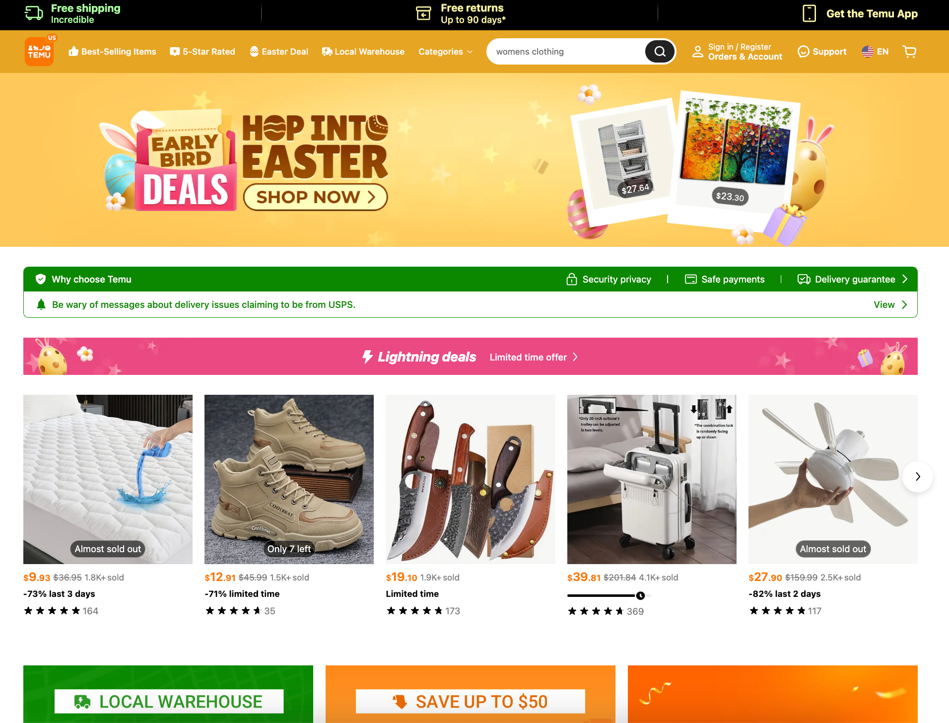 Temuhomepage with flash deals, limited-time offers, and deep discounts across product categories
